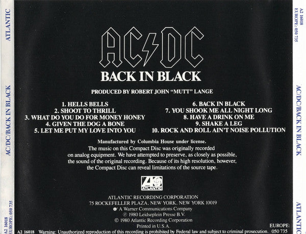AC/DC - Back In Black Original First CD